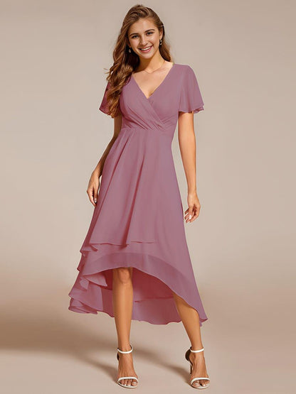 ever LARK|Pleated Chiffon Ruffles Sleeve Midi Semi Formal Dress