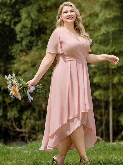 ever LARK|Pleated Chiffon Ruffles Sleeve Midi Bridesmaid Dress