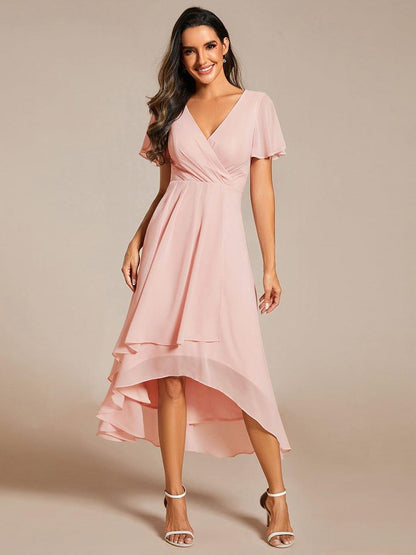 ever LARK|Pleated Chiffon Ruffles Sleeve Midi Semi Formal Dress