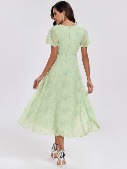 ever LARK|Pleated Chiffon Ruffles Sleeve Midi Bridesmaid Dress
