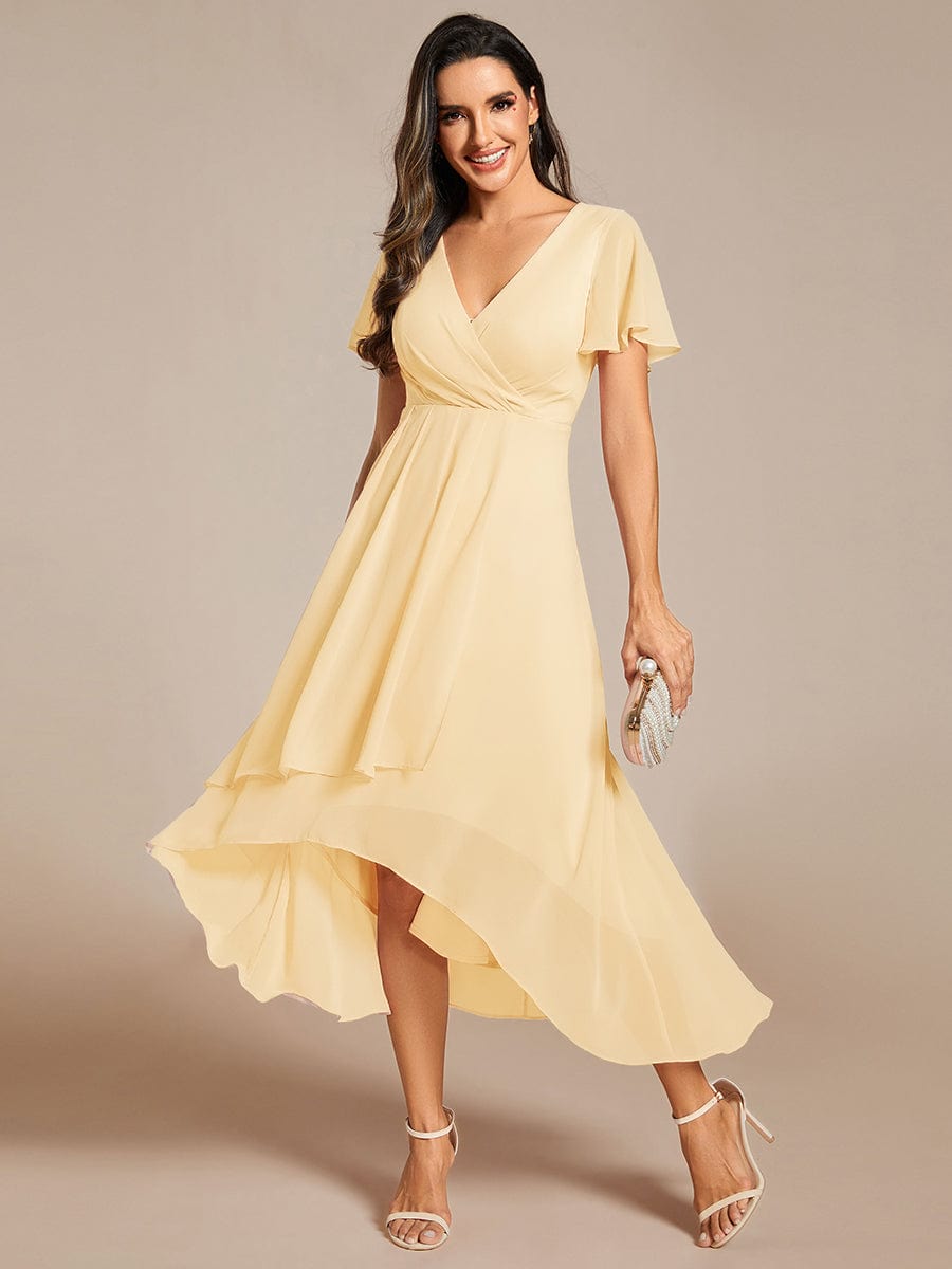 ever LARK|Pleated Chiffon Ruffles Sleeve Midi Bridesmaid Dress