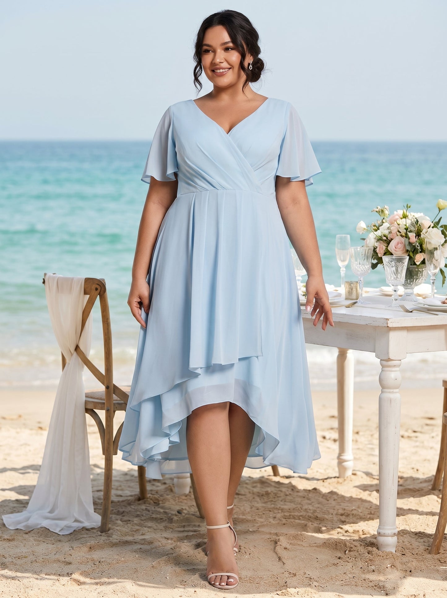 pretty LARK|Plus Size Chiffon Short Sleeves Pleated V-Neck A-Line Midi Wedding Guest Dress