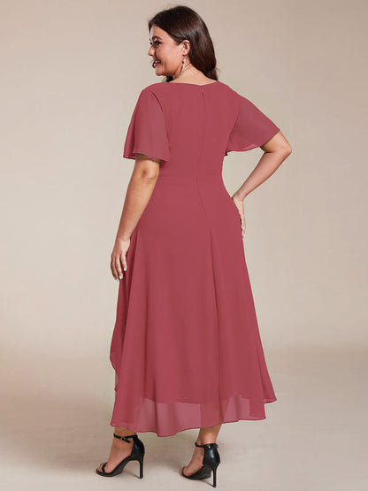 pretty LARK|Plus Size Chiffon Short Sleeves Pleated V-Neck A-Line Midi Wedding Guest Dress