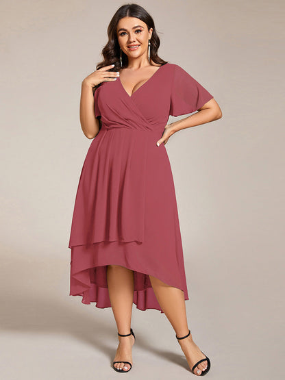 pretty LARK|Plus Size Chiffon Short Sleeves Pleated V-Neck A-Line Midi Wedding Guest Dress