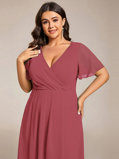 pretty LARK|Plus Size Chiffon Short Sleeves Pleated V-Neck A-Line Midi Wedding Guest Dress