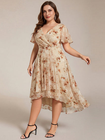 pretty LARK|Plus Size Chiffon Short Sleeves Pleated V-Neck A-Line Midi Wedding Guest Dress