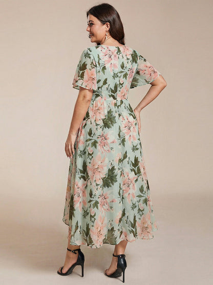 pretty LARK|Plus Size Chiffon Short Sleeves Pleated V-Neck A-Line Midi Wedding Guest Dress