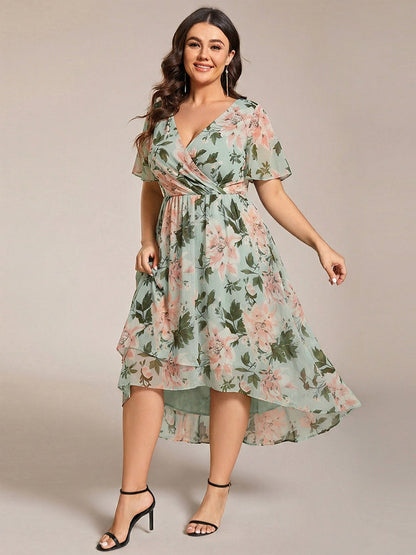 pretty LARK|Plus Size Chiffon Short Sleeves Pleated V-Neck A-Line Midi Wedding Guest Dress