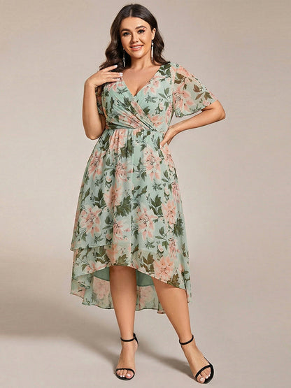 Deep V-Neck Chiffon Ruffle Sleeve Wedding Guest Dress