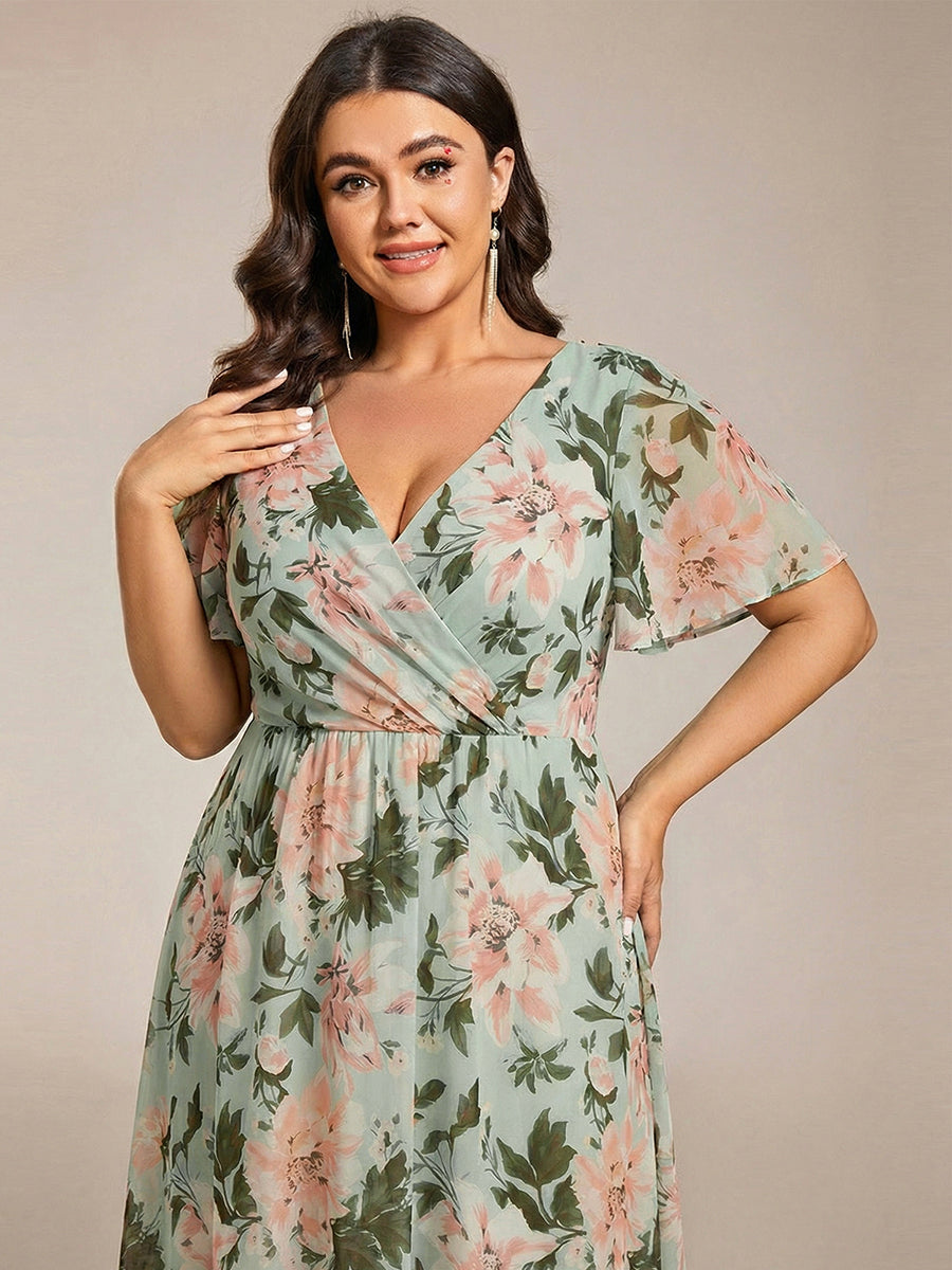 pretty LARK|Plus Size Chiffon Short Sleeves Pleated V-Neck A-Line Midi Wedding Guest Dress
