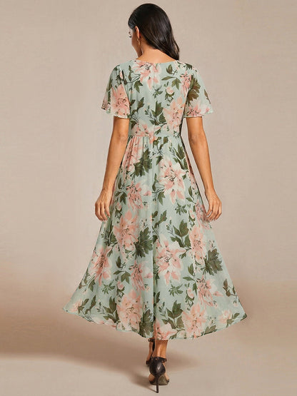 Deep V-Neck Chiffon Ruffle Sleeve Wedding Guest Dress