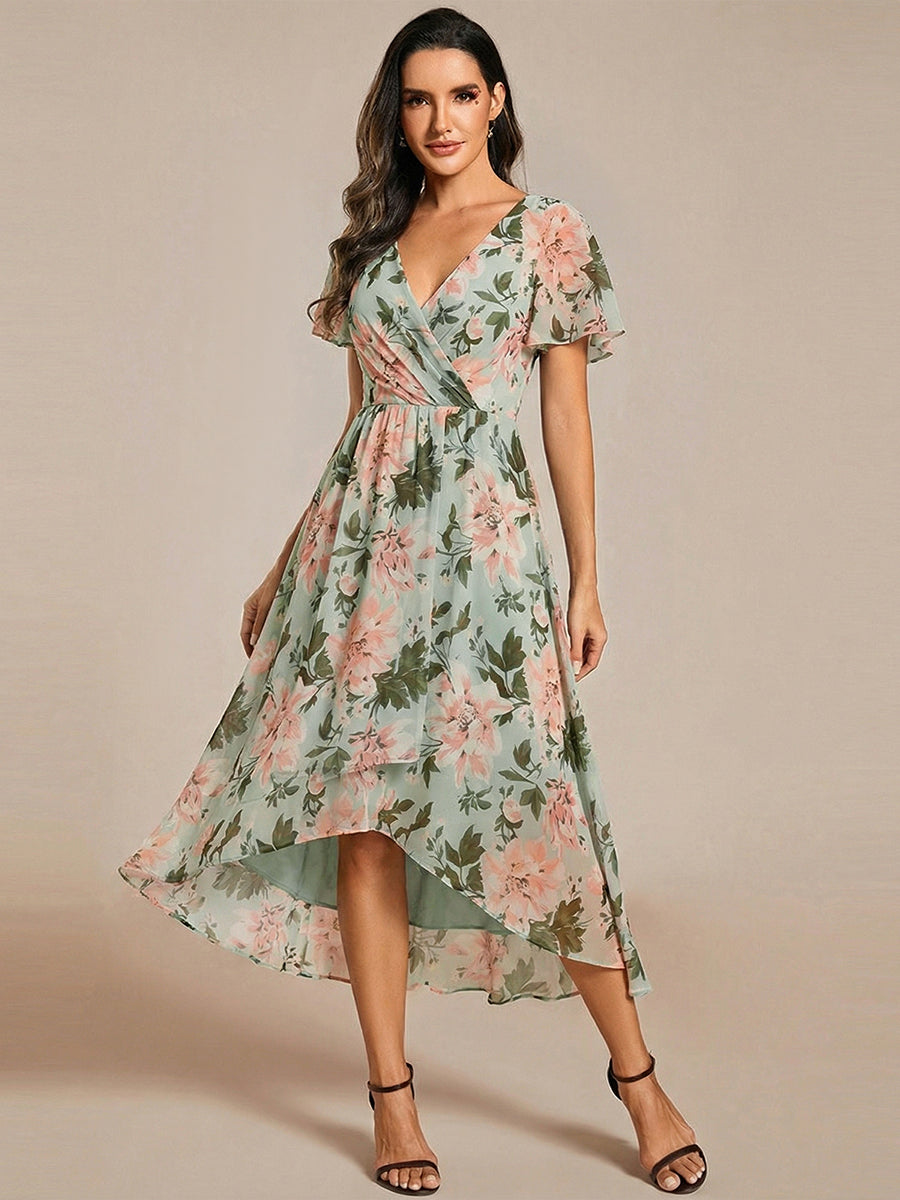 ever LARK|Ruffles Sleeve Pleated V-Neck A-Line Midi Chiffon Wedding Guest Dress