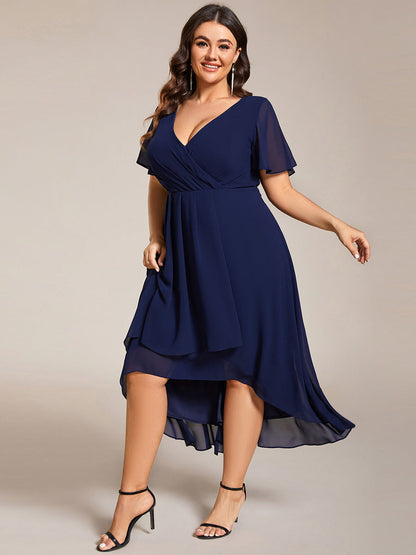Deep V-Neck Chiffon Ruffle Sleeve Wedding Guest Dress