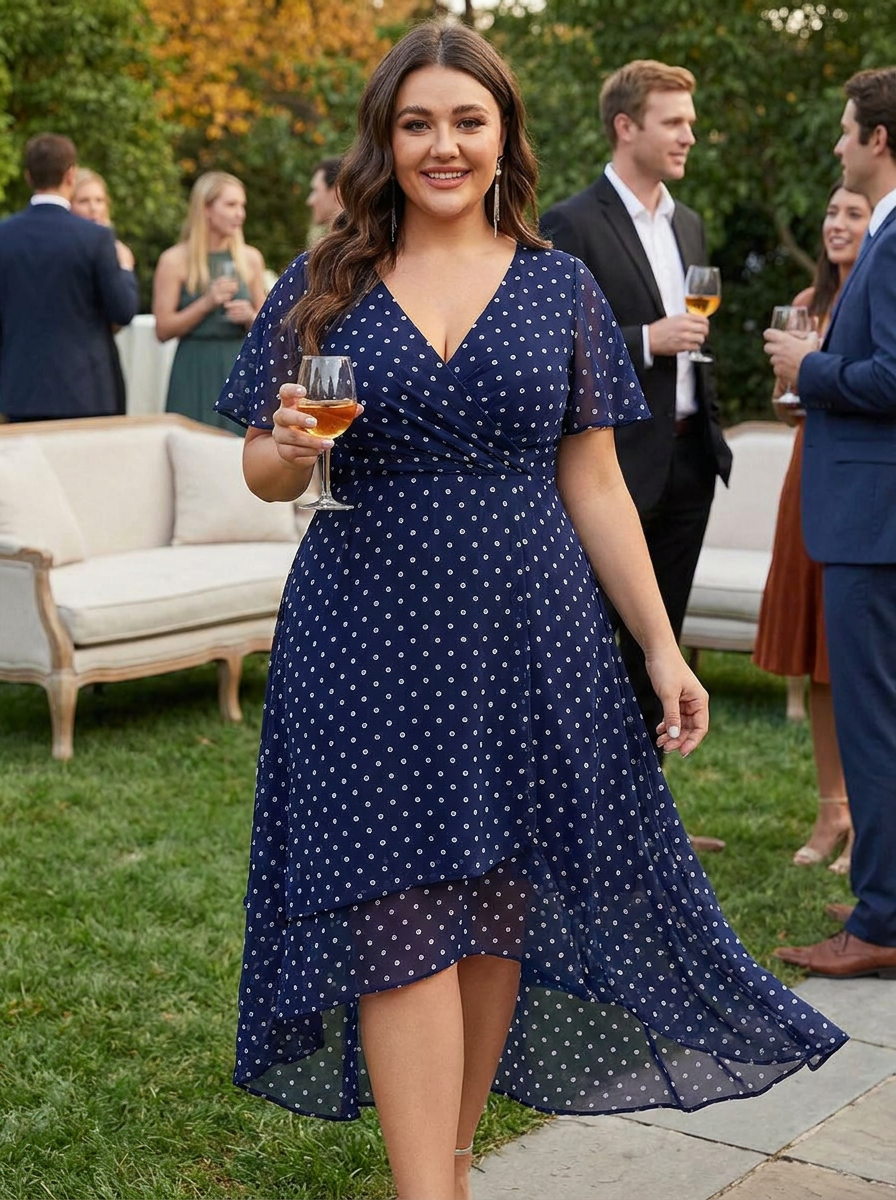 Deep V-Neck Chiffon Ruffle Sleeve Wedding Guest Dress