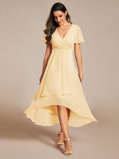 Deep V-Neck Chiffon Ruffle Sleeve Wedding Guest Dress