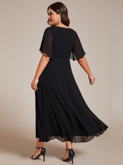 pretty DAHLIA|Plus Size Elegant Short Sleeves V-Neck Floral Applique Wedding Guest Dress
