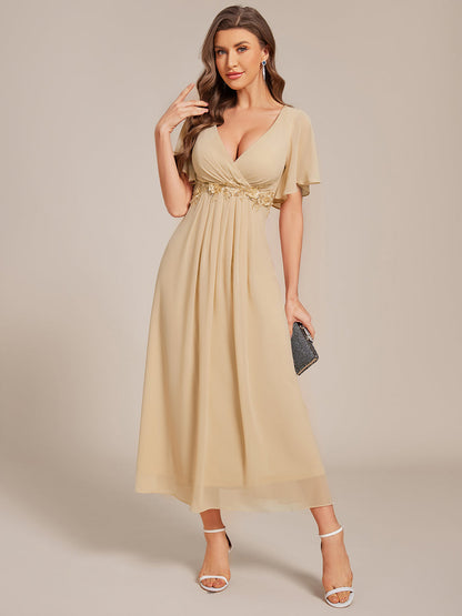 ever DAHLIA|Short Sleeves V-Neck Tea Length Wedding Guest Dress with Floral Applique