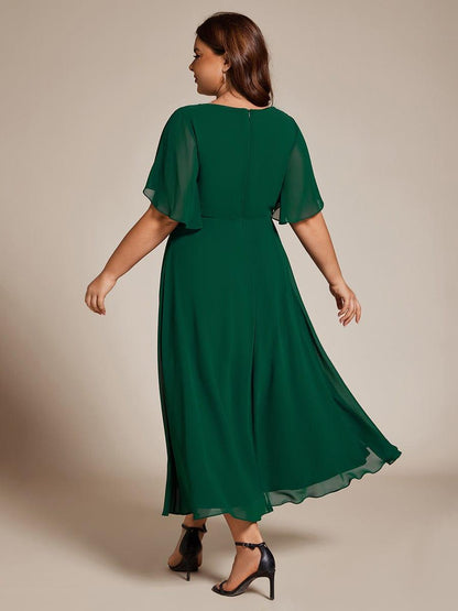 pretty DAHLIA|Plus Size Elegant Short Sleeves V-Neck Floral Applique Wedding Guest Dress