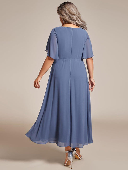 pretty DAHLIA|Plus Size Elegant Short Sleeves V-Neck Floral Applique Wedding Guest Dress