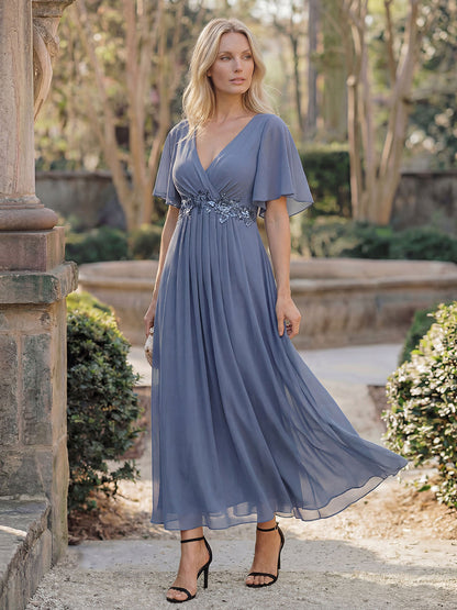 ever DAHLIA|Short Sleeve V Neck Knee Length Mother of the Bride Dress
