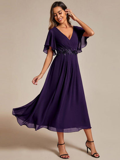 ever DAHLIA|Short Sleeve V Neck Knee Length Mother of the Bride Dress