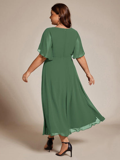 pretty DAHLIA|Plus Size Elegant Short Sleeves V-Neck Floral Applique Wedding Guest Dress