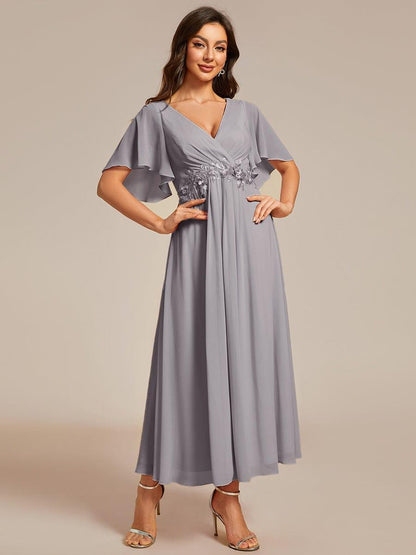ever DAHLIA|Short Sleeves V-Neck Tea Length Wedding Guest Dress with Floral Applique