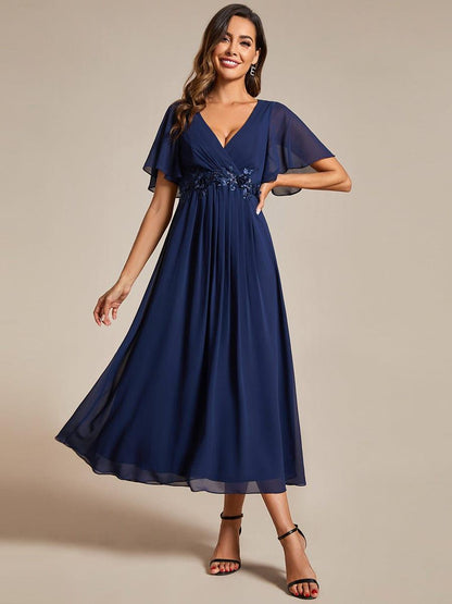ever DAHLIA|Short Sleeves V-Neck Tea Length Wedding Guest Dress with Floral Applique