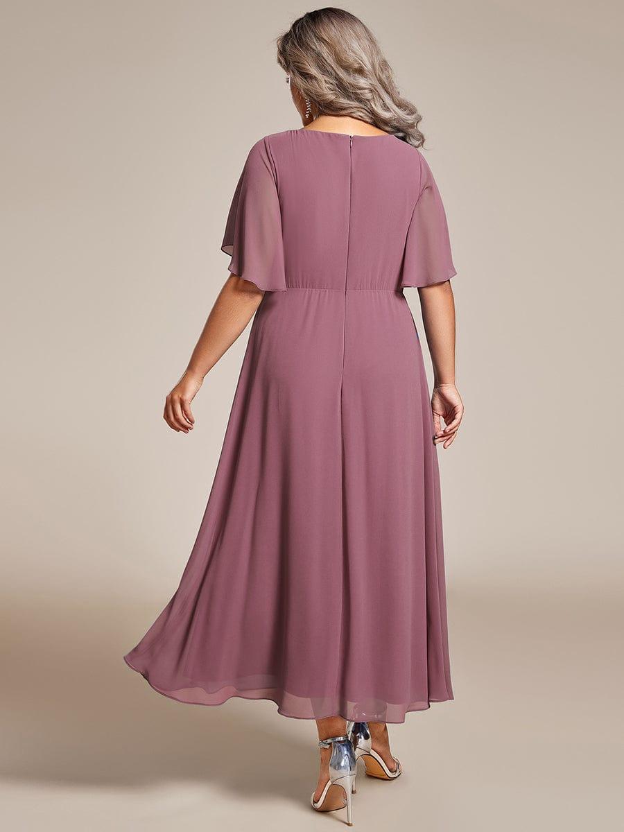 pretty DAHLIA|Plus Size Elegant Short Sleeves V-Neck Floral Applique Wedding Guest Dress