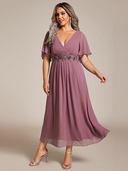 ever DAHLIA|Short Sleeve V Neck Knee Length Mother of the Bride Dress