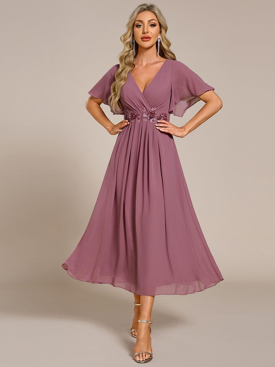 ever DAHLIA|Short Sleeve V Neck Knee Length Mother of the Bride Dress
