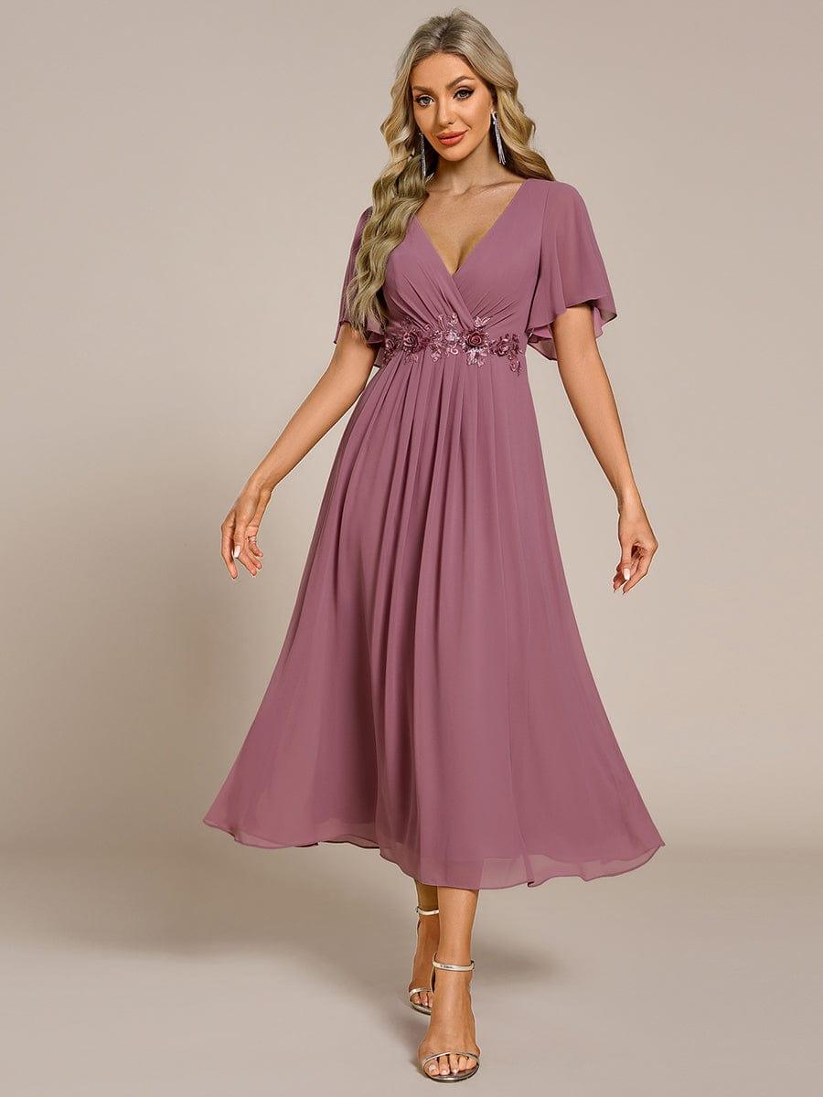 ever DAHLIA|Short Sleeve V Neck Knee Length Mother of the Bride Dress