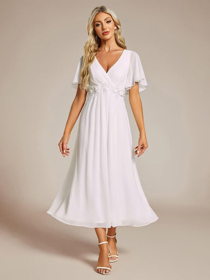 ever DAHLIA|Short Sleeves V-Neck Tea Length Wedding Guest Dress with Floral Applique