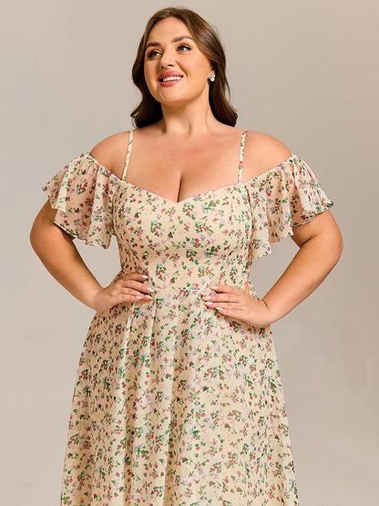 pretty JORDANE|Plus Size Cold Shoulder Sweetheart Necklin Chiffon Midi Wedding Guest Dress