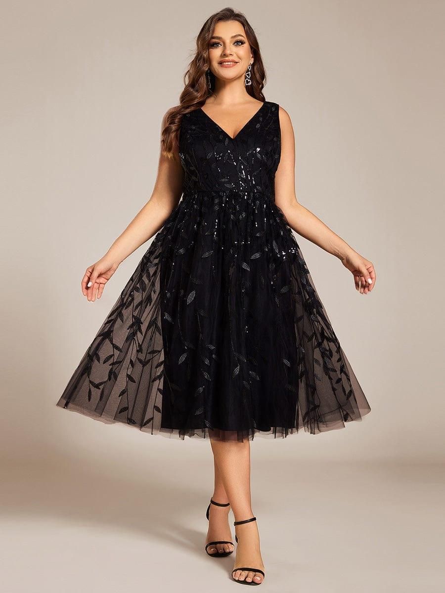pretty ROUX|Plus Size Sleeveless Leaf Sequin A-Line Midi Wedding Guest Dress