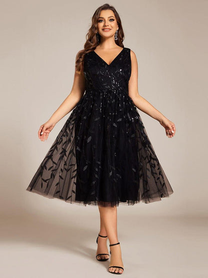 pretty ROUX|Plus Size Sleeveless Leaf Sequin A-Line Midi Wedding Guest Dress