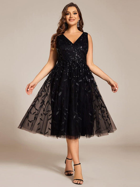 pretty ROUX|Plus Size Sleeveless Leaf Sequin A-Line Midi Wedding Guest Dress