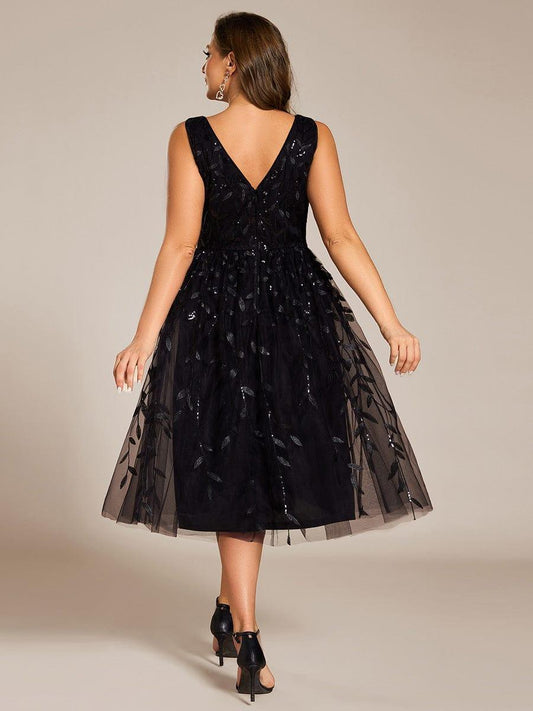 pretty ROUX|Plus Size Sleeveless Leaf Sequin A-Line Midi Wedding Guest Dress