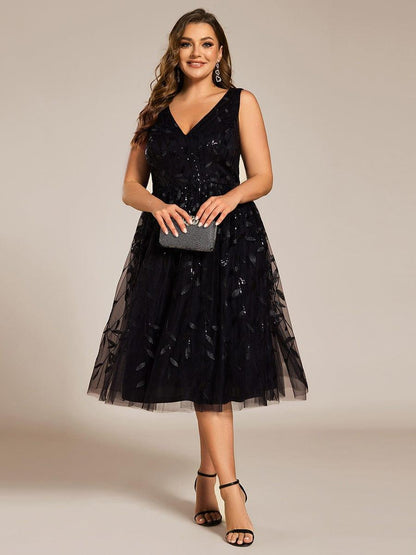 ever ROUX|V-Neck Leaf Sequined Sleeveless A-Line Midi Wedding Guest Dress