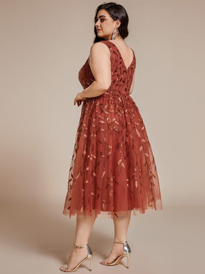 ever ROUX|V-Neck Leaf Sequined Sleeveless A-Line Midi Wedding Guest Dress