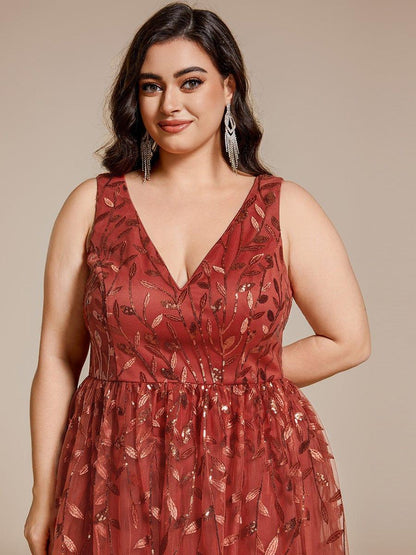 ever ROUX|V-Neck Leaf Sequined Sleeveless A-Line Midi Wedding Guest Dress