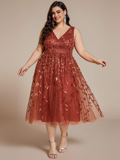 ever ROUX|V-Neck Leaf Sequined Sleeveless A-Line Midi Wedding Guest Dress