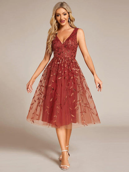 ever ROUX|V-Neck Leaf Sequined Sleeveless A-Line Midi Wedding Guest Dress