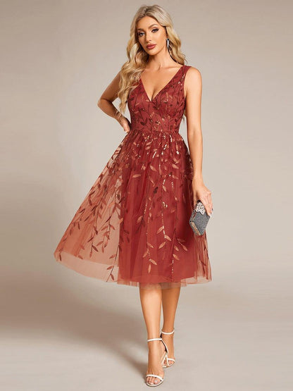 ever ROUX|V-Neck Leaf Sequined Sleeveless A-Line Midi Wedding Guest Dress