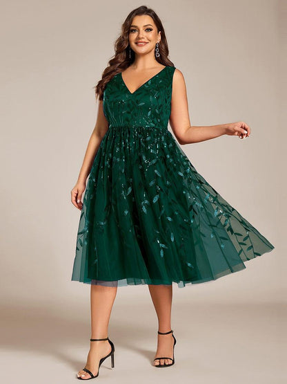 ever ROUX|V-Neck Leaf Sequined Sleeveless A-Line Midi Wedding Guest Dress