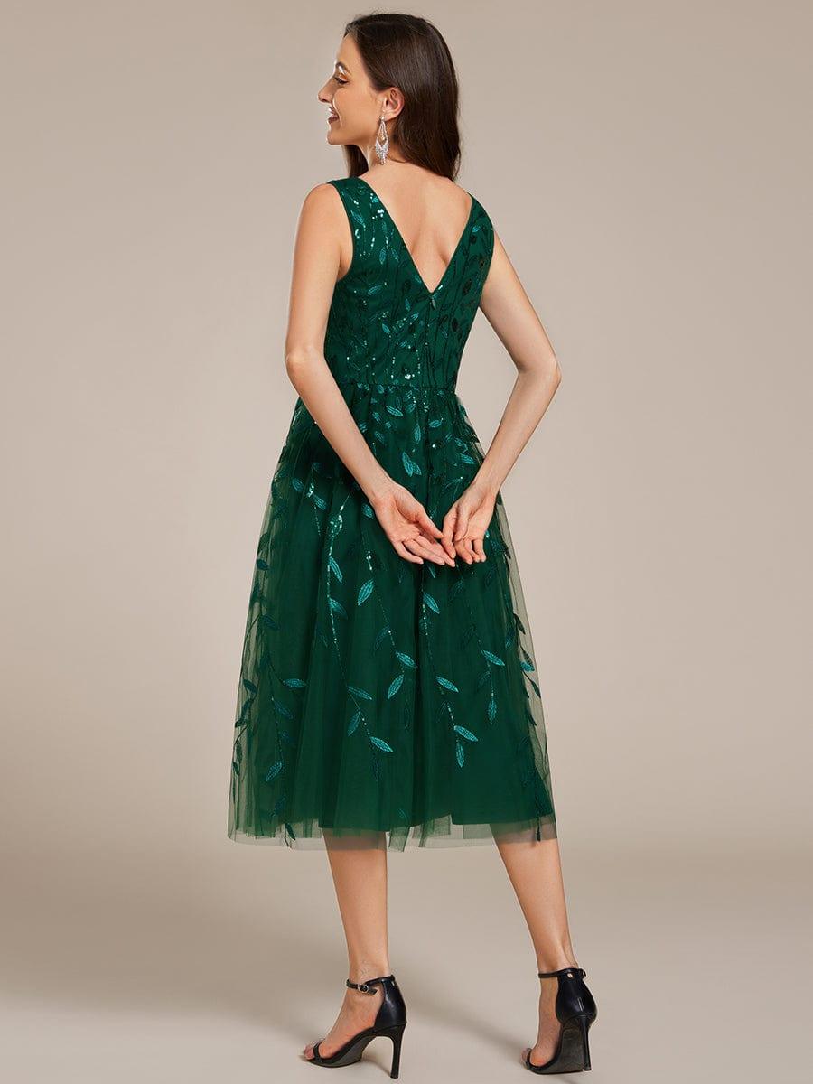 ever ROUX|V-Neck Leaf Sequined Sleeveless A-Line Midi Wedding Guest Dress