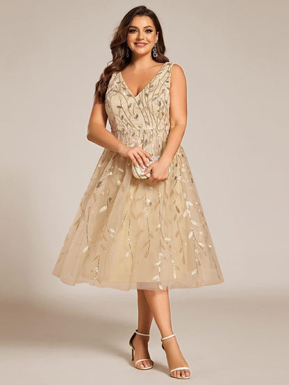 pretty ROUX|Plus Size Sleeveless Leaf Sequin A-Line Midi Wedding Guest Dress