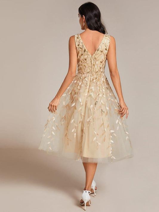 ever ROUX|V-Neck Leaf Sequined Sleeveless A-Line Midi Wedding Guest Dress