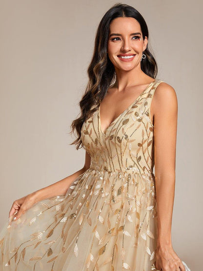 ever ROUX|V-Neck Leaf Sequined Sleeveless A-Line Midi Wedding Guest Dress