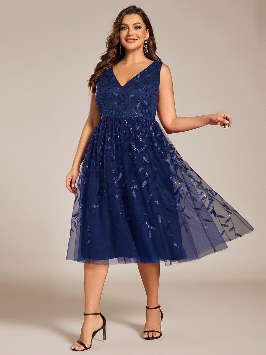 ever ROUX|V-Neck Leaf Sequined Sleeveless A-Line Midi Wedding Guest Dress